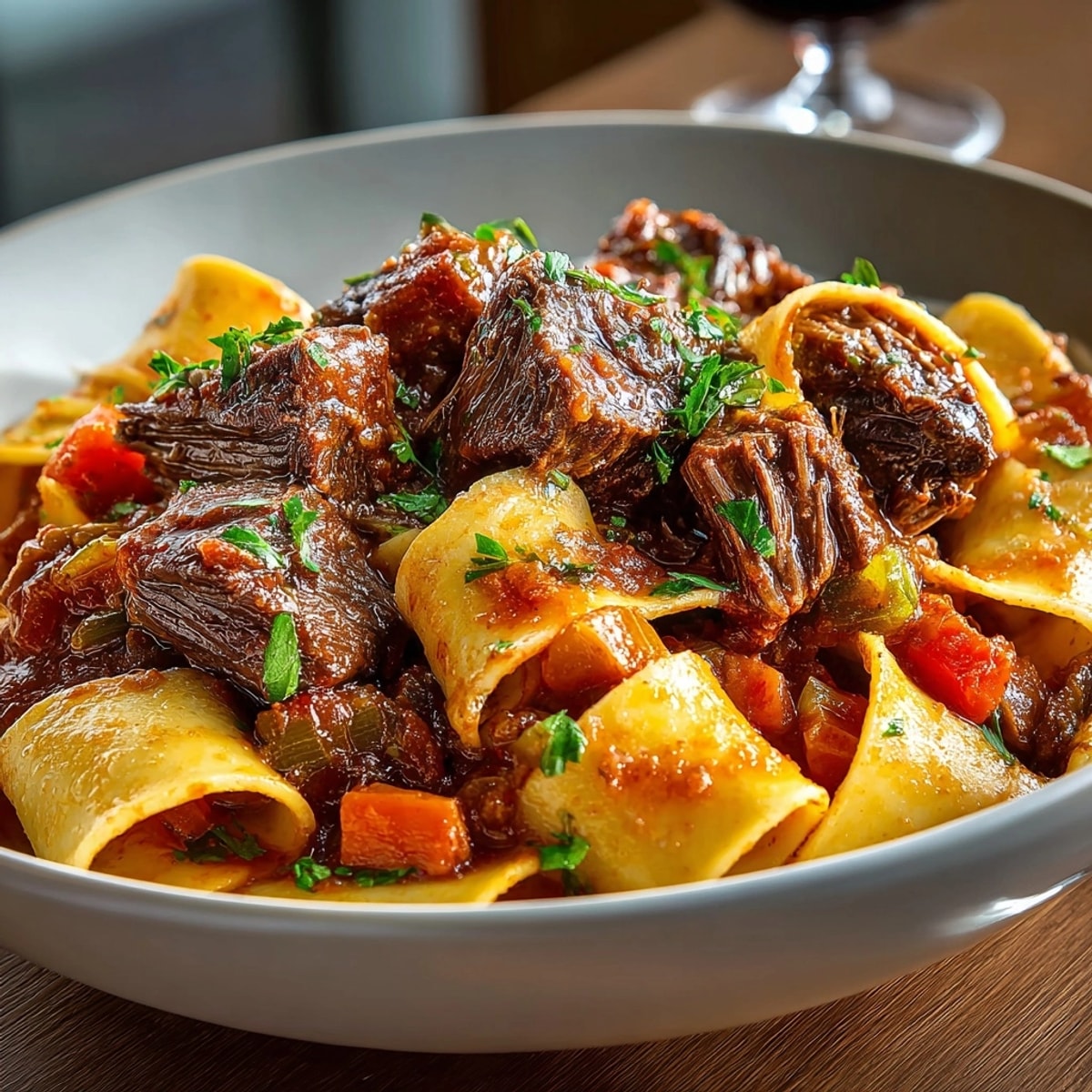 Close-up of Short Rib Pasta: perfectly sauced pappardelle with braised short ribs and bone marrow.