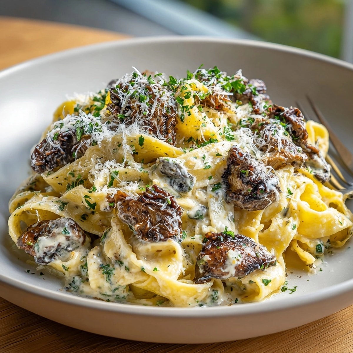 Creamy Morel Mushroom Fettuccine with a drizzle of truffle oil, ready to be savored.