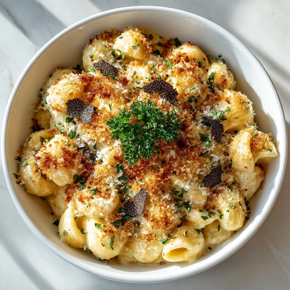 Creamy Truffle Mac Attack with a golden crust, sprinkled with black truffle shavings, ready to be enjoyed.