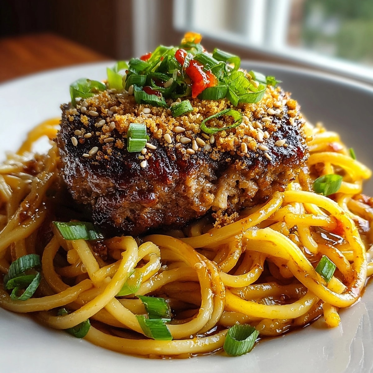 A close-up shot of the savory Ramen Burger Pasta, showcasing the flavorful sesame bun crumble.