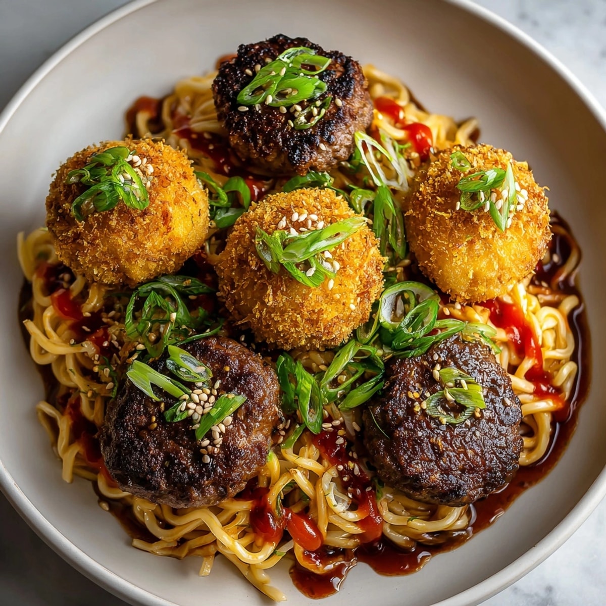 This colorful bowl of Ramen Burger Pasta with garnishes features flavorful noodles and perfectly cooked beef.