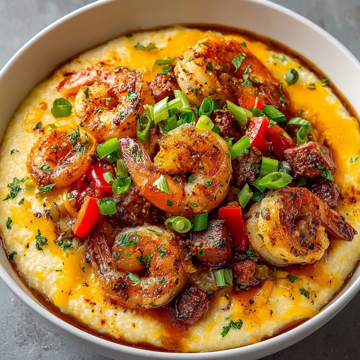 Cajun Shrimp and Grits served in a bowl, creamy cheese grits topped with spicy shrimp andouille sausage.