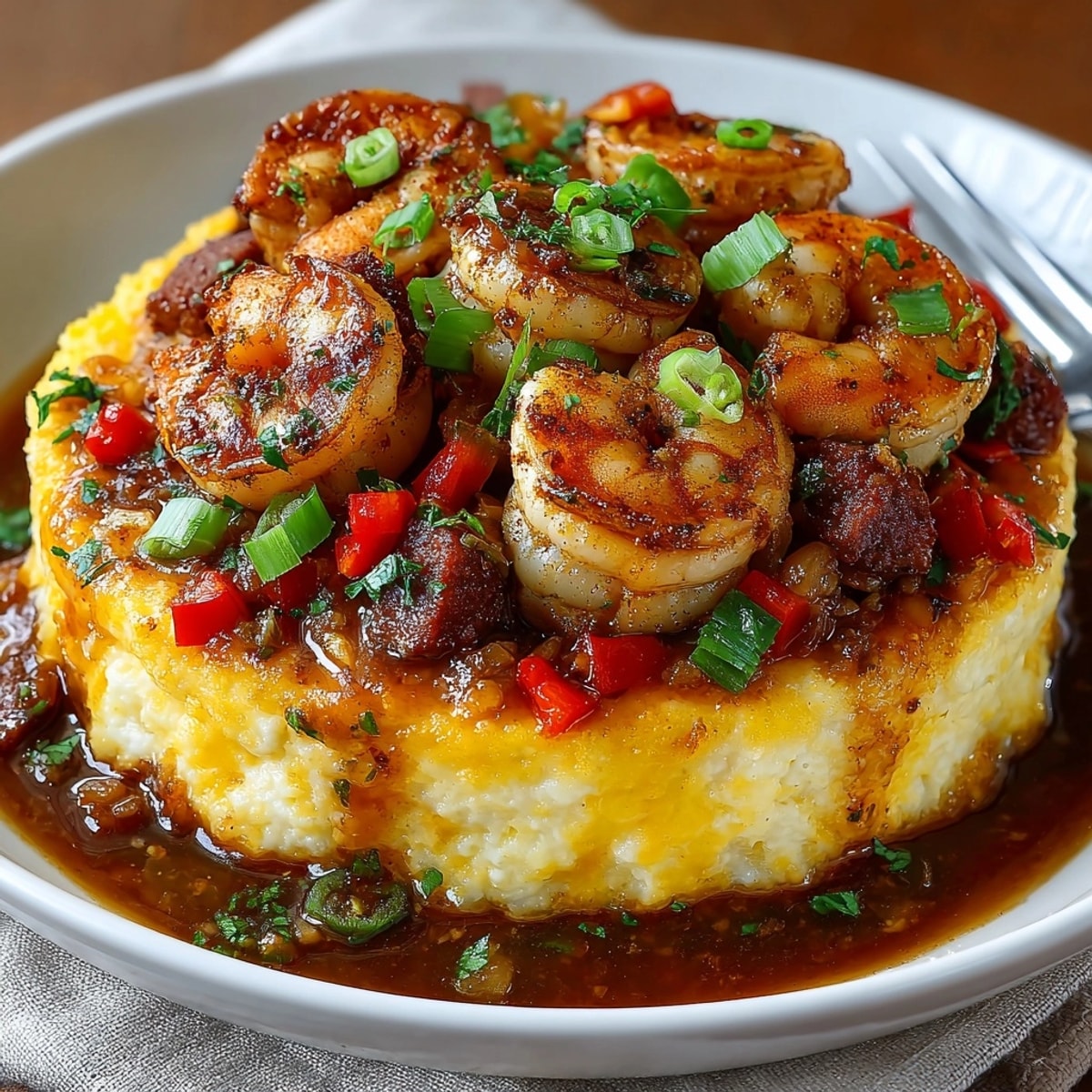 Golden Cajun Shrimp and Grits steaming fresh, garnished with parsley and scallions for Southern flair.