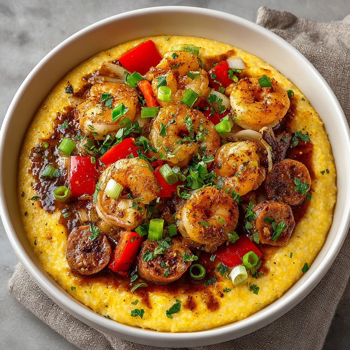 Hearty Cajun Shrimp and Grits plated with velvety grits, juicy shrimp, and vibrant red peppers.