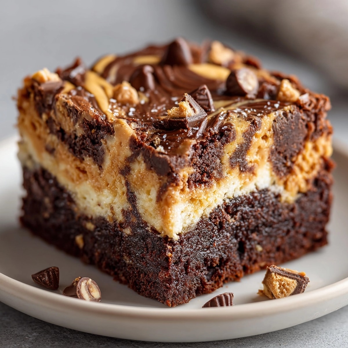 Close-up of peanut butter cup brownies with gooey chocolate and swirled peanut butter ribbons