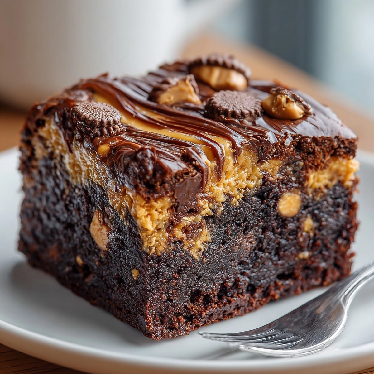 Freshly baked peanut butter cup brownies cooling in pan, fudgy centers and melty chocolate glistening