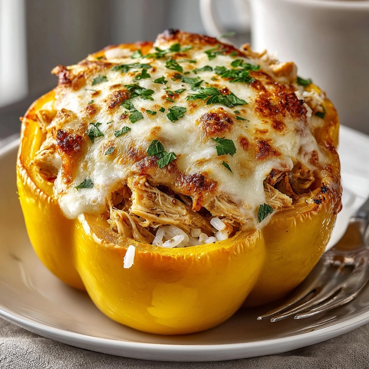 Chicken Alfredo stuffed peppers arranged in a baking dish, cheese bubbling and herbs sprinkled on top.