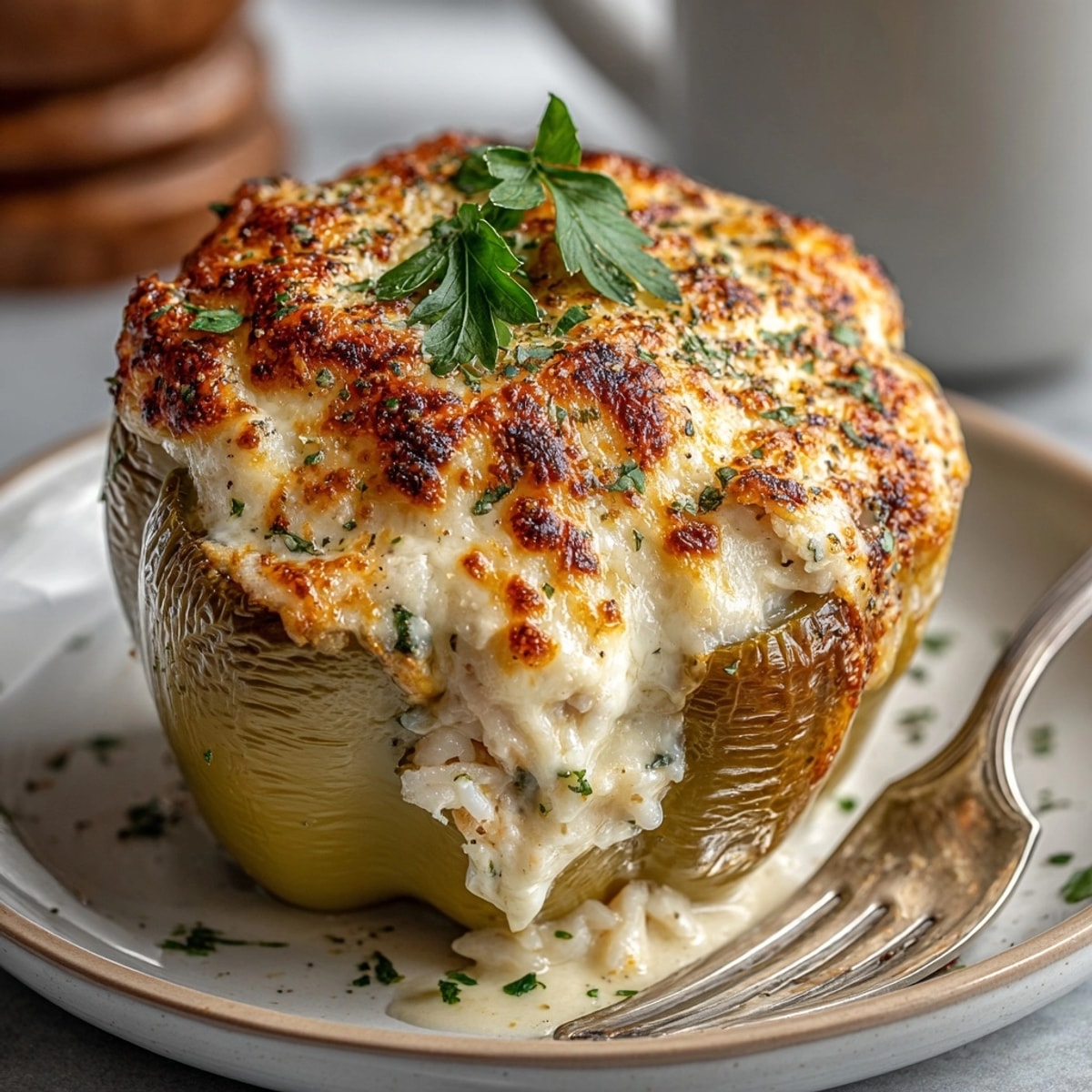 Colorful bell peppers filled with creamy chicken Alfredo and rice, fresh from the oven.