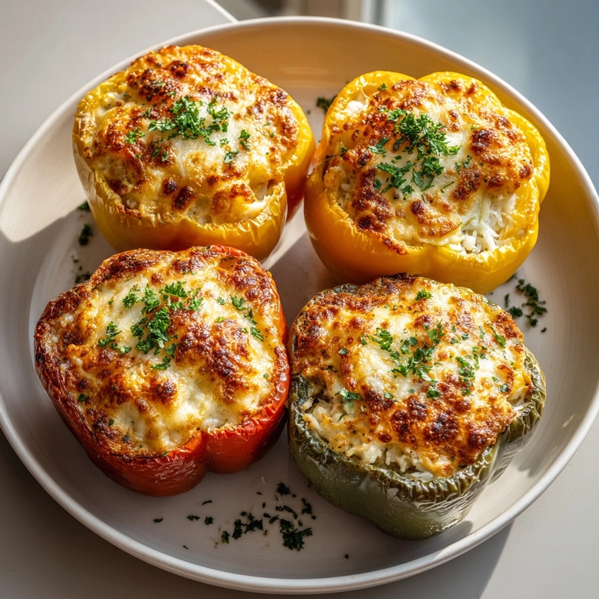 Golden, cheesy Chicken Alfredo stuffed peppers served hot, perfect for a cozy family dinner.