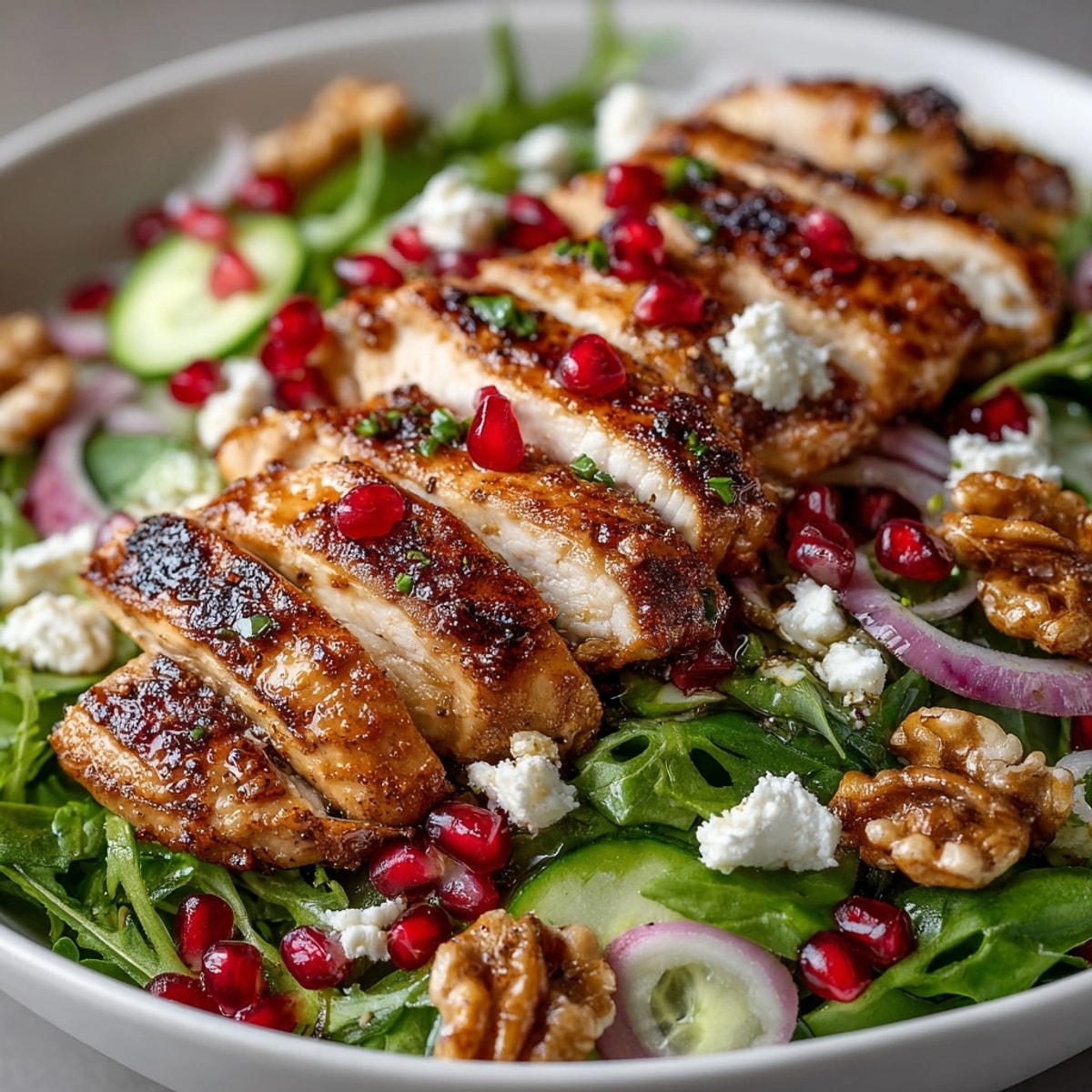 Pomegranate Walnut Chicken Salad bursting with juicy seeds, grilled chicken, and crisp greens on a platter.