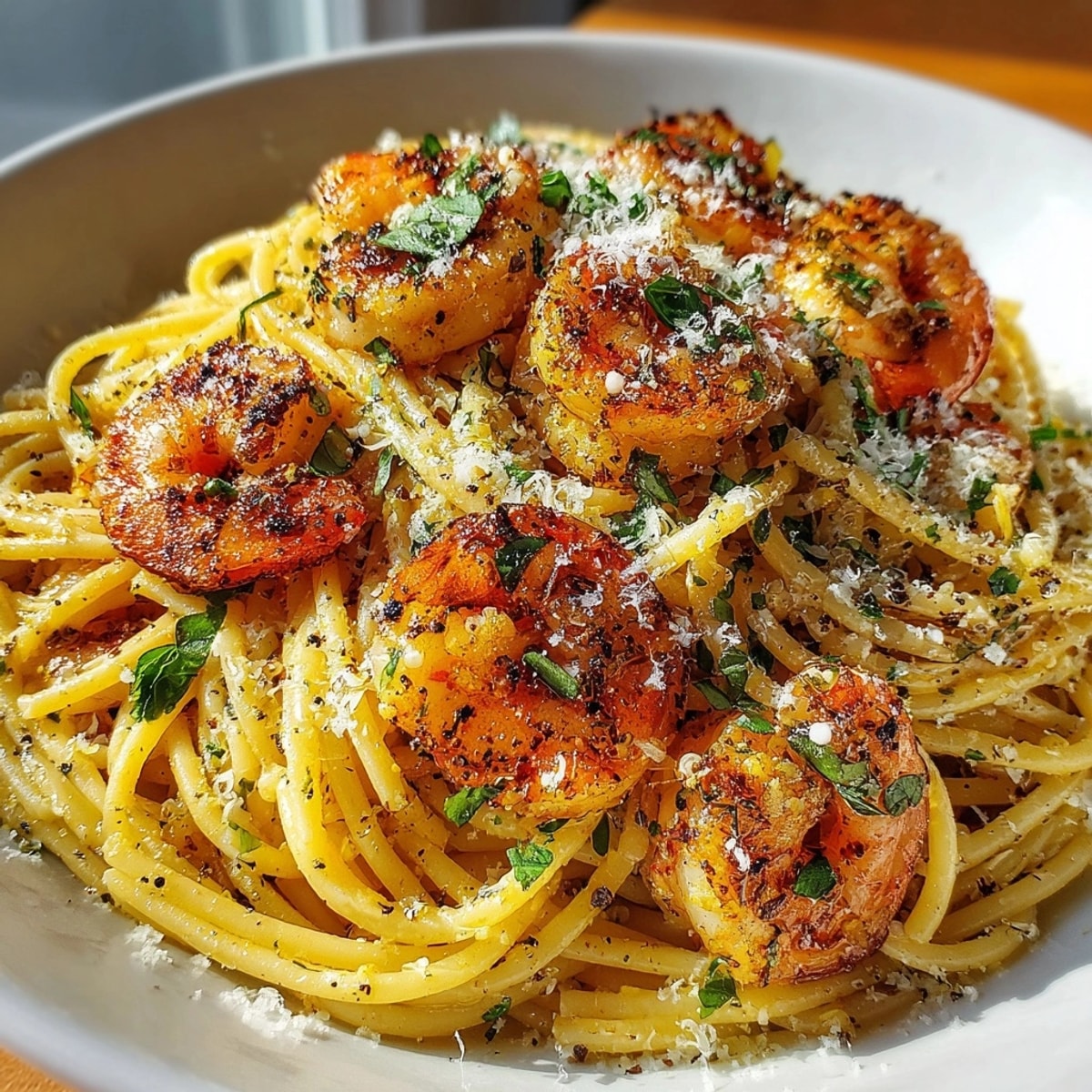 Garlic Butter Shrimp Pasta with Fresh Herbs glistening atop al dente spaghetti, garnished generously.