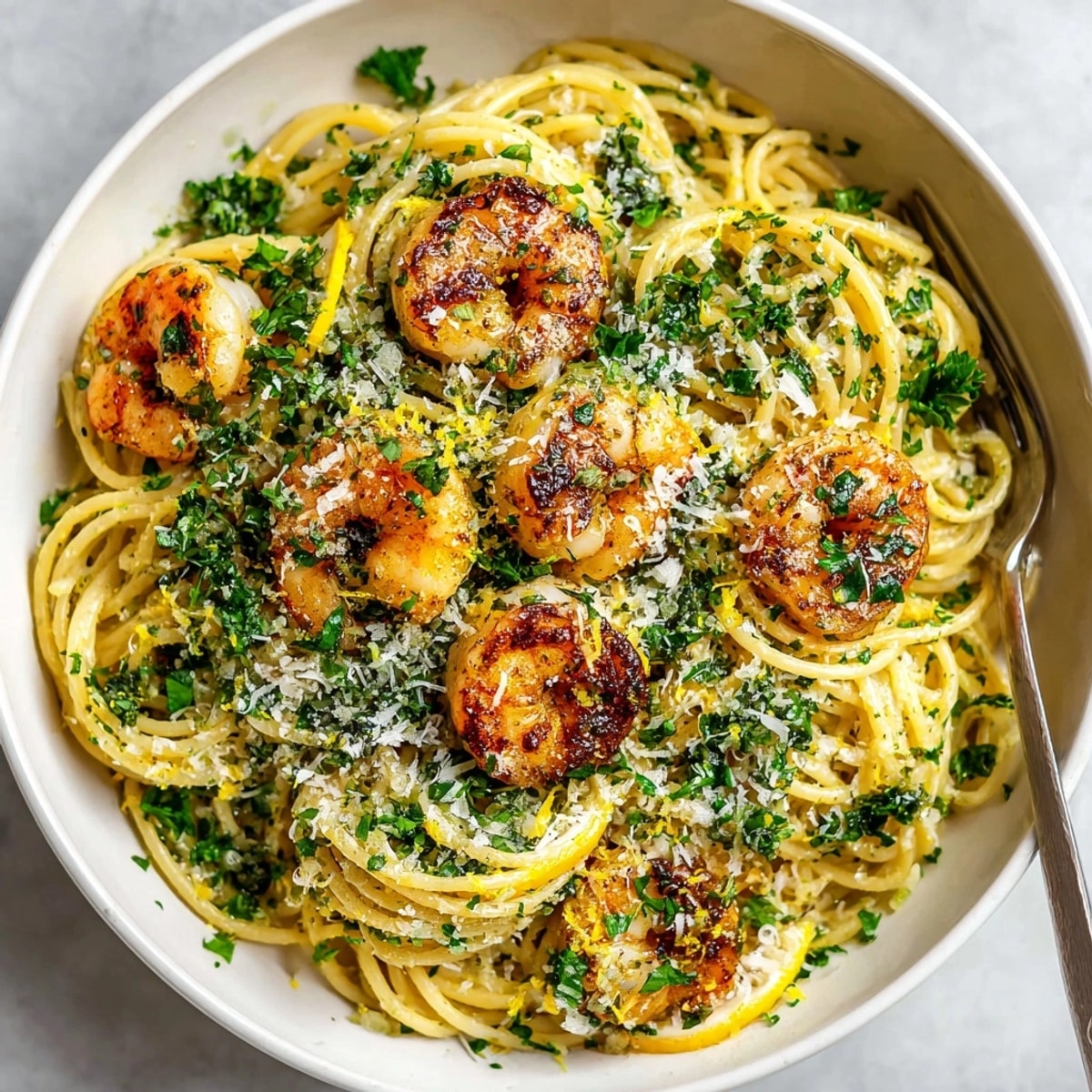 Steaming Garlic Butter Shrimp Pasta with Fresh Herbs, sprinkled with Parmesan, ready for serving.