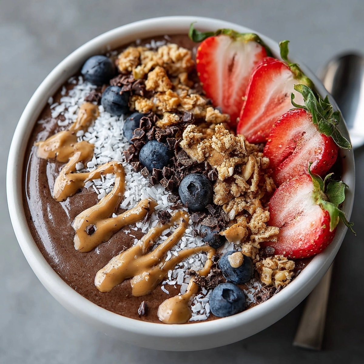 Chocolate peanut butter protein smoothie bowl topped with granola, berries, and peanut butter drizzle.