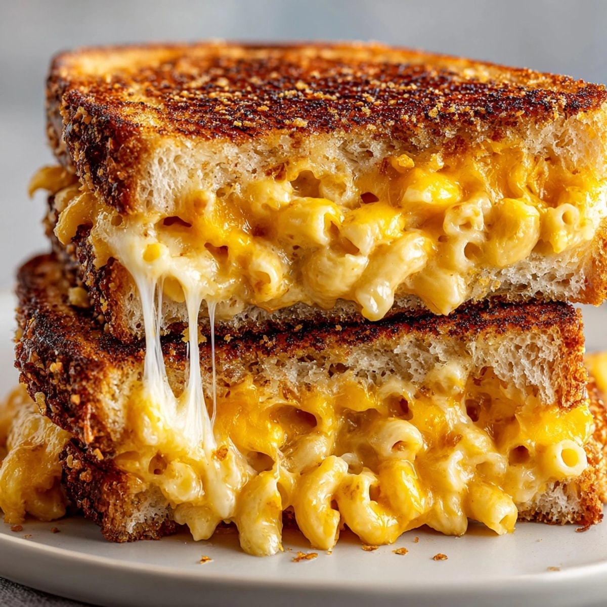 Mac and Cheese Stuffed Grilled Cheese Sandwich sliced open with gooey cheese oozing onto a plate.