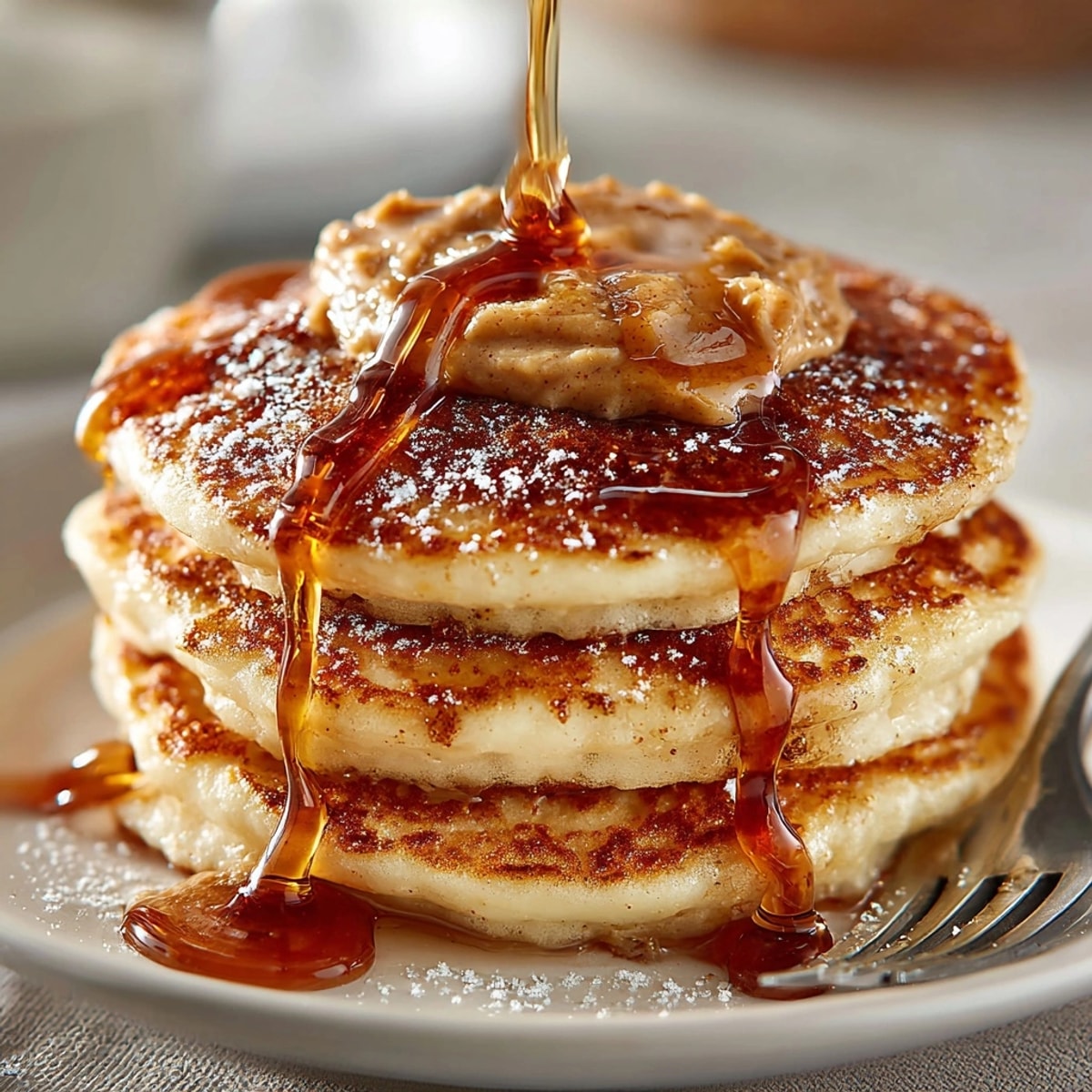 Ricotta pancakes with cinnamon maple butter stacked high, melting butter pooling on top.