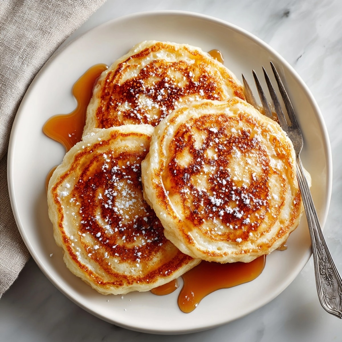 Warm ricotta pancakes served with swirls of cinnamon maple butter and a maple syrup drizzle.