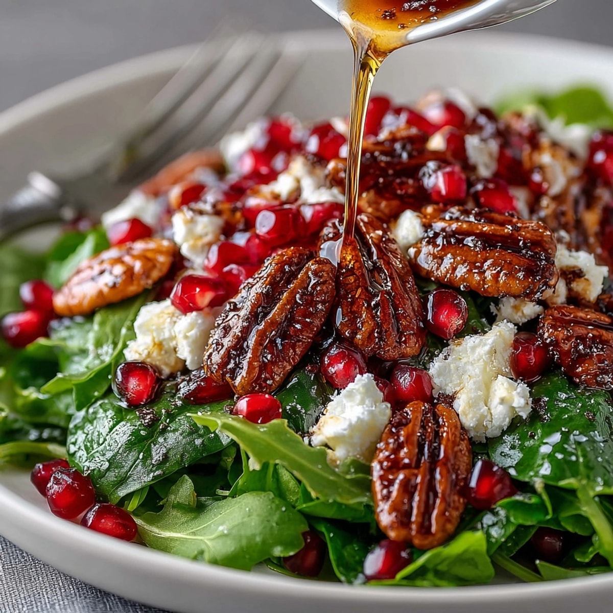 Colorful Pomegranate Feta Winter Salad with candied nuts on crisp greens, ready to serve.