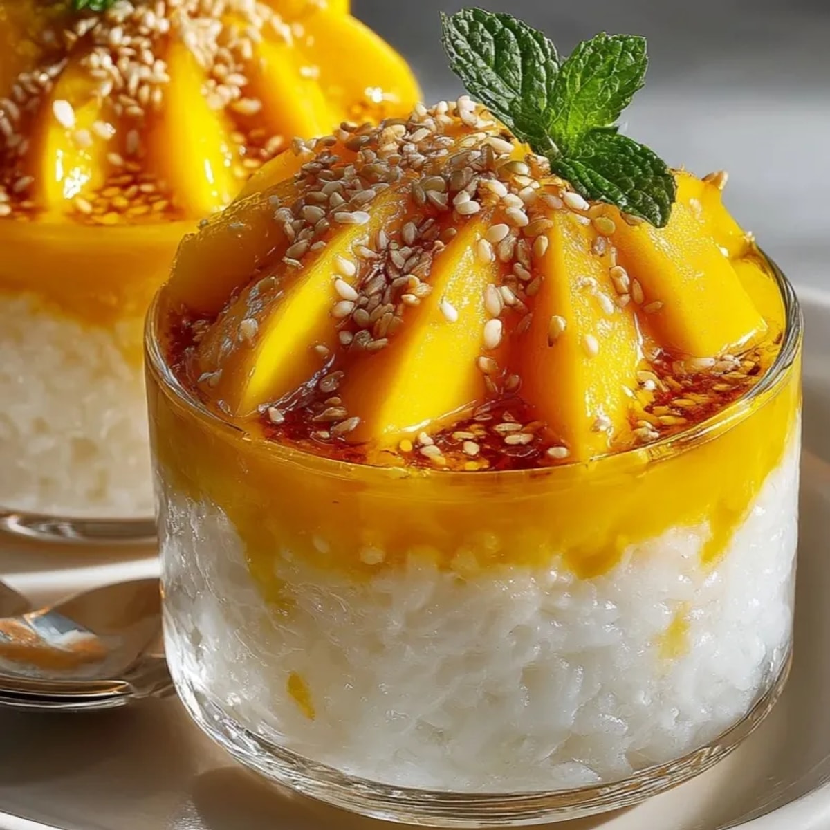 Vibrant Thai Mango Sticky Rice Cups glisten with sweet coconut sauce and fresh mango slices.