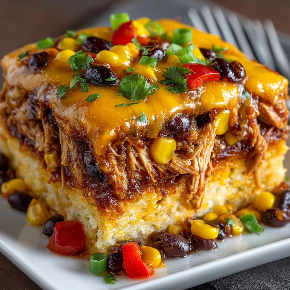 Cheesy Taco Chicken Casserole fresh from the oven with bubbling melted cheese and colorful toppings.