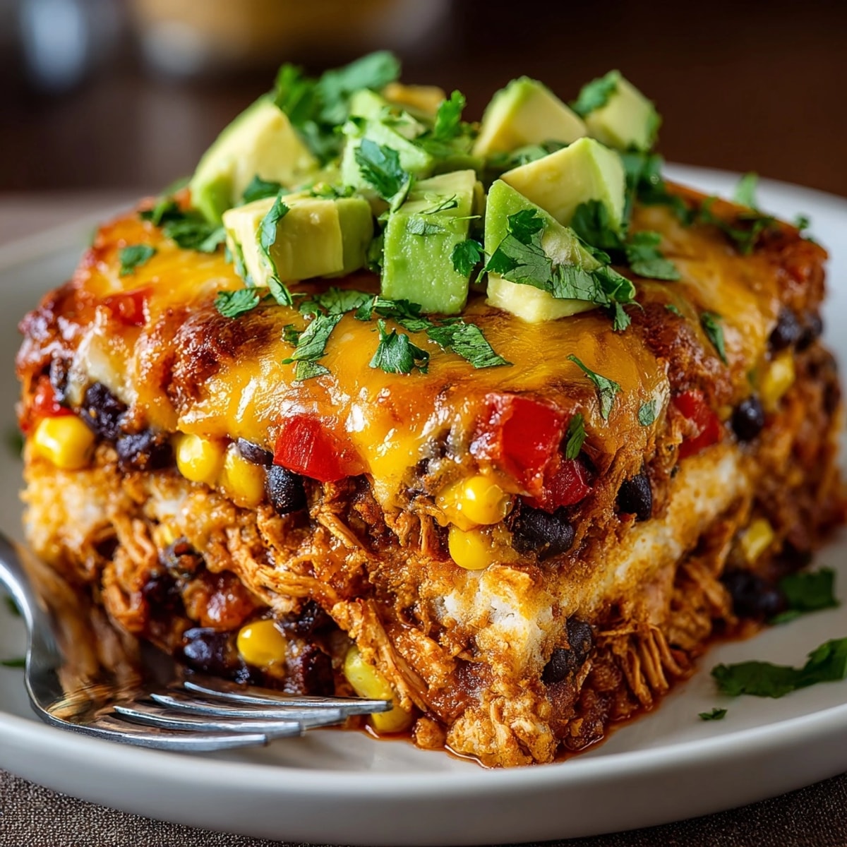 Close-up of Cheesy Taco Chicken Casserole served warm, featuring golden cheese, black beans, and corn.