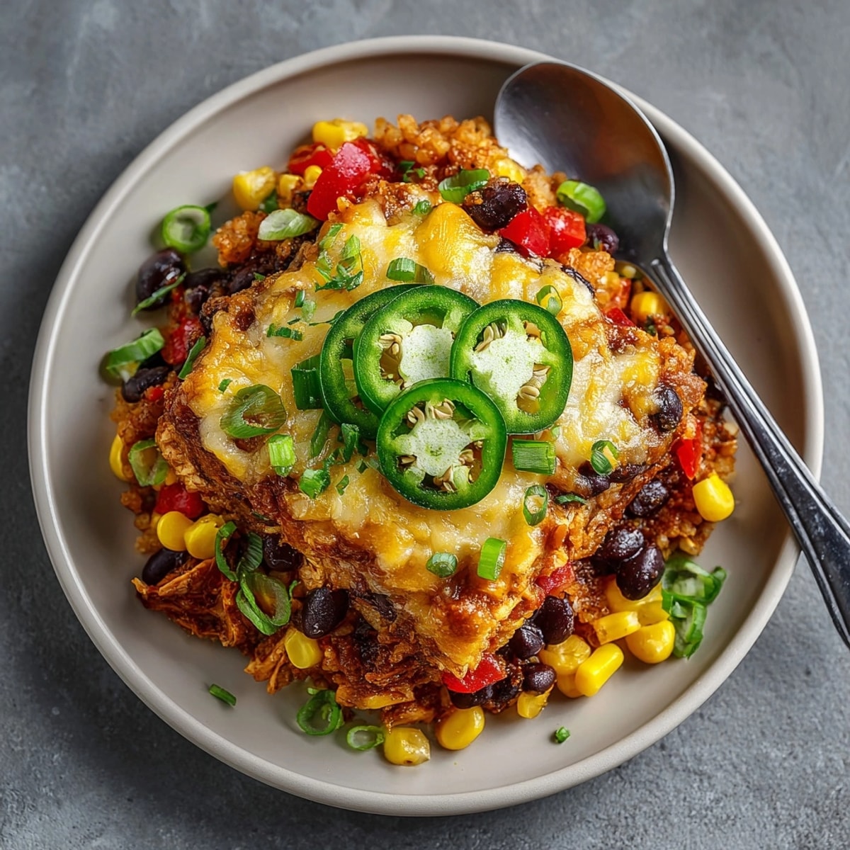 Hearty Cheesy Taco Chicken Casserole garnished with avocado, green onions, and vibrant Tex-Mex flavors.