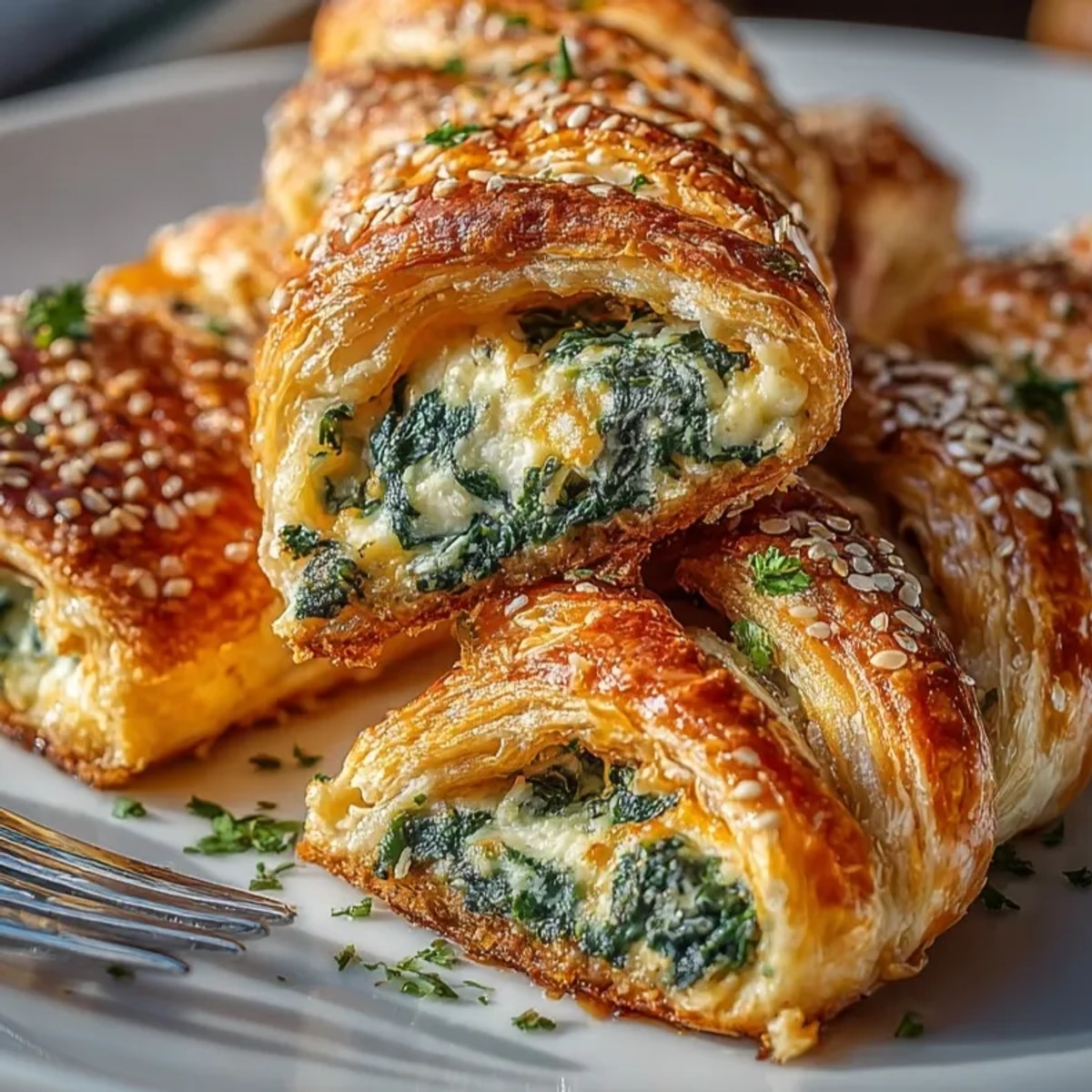Platter of ricotta and spinach puff pastry twists fresh from the oven, golden and flaky.