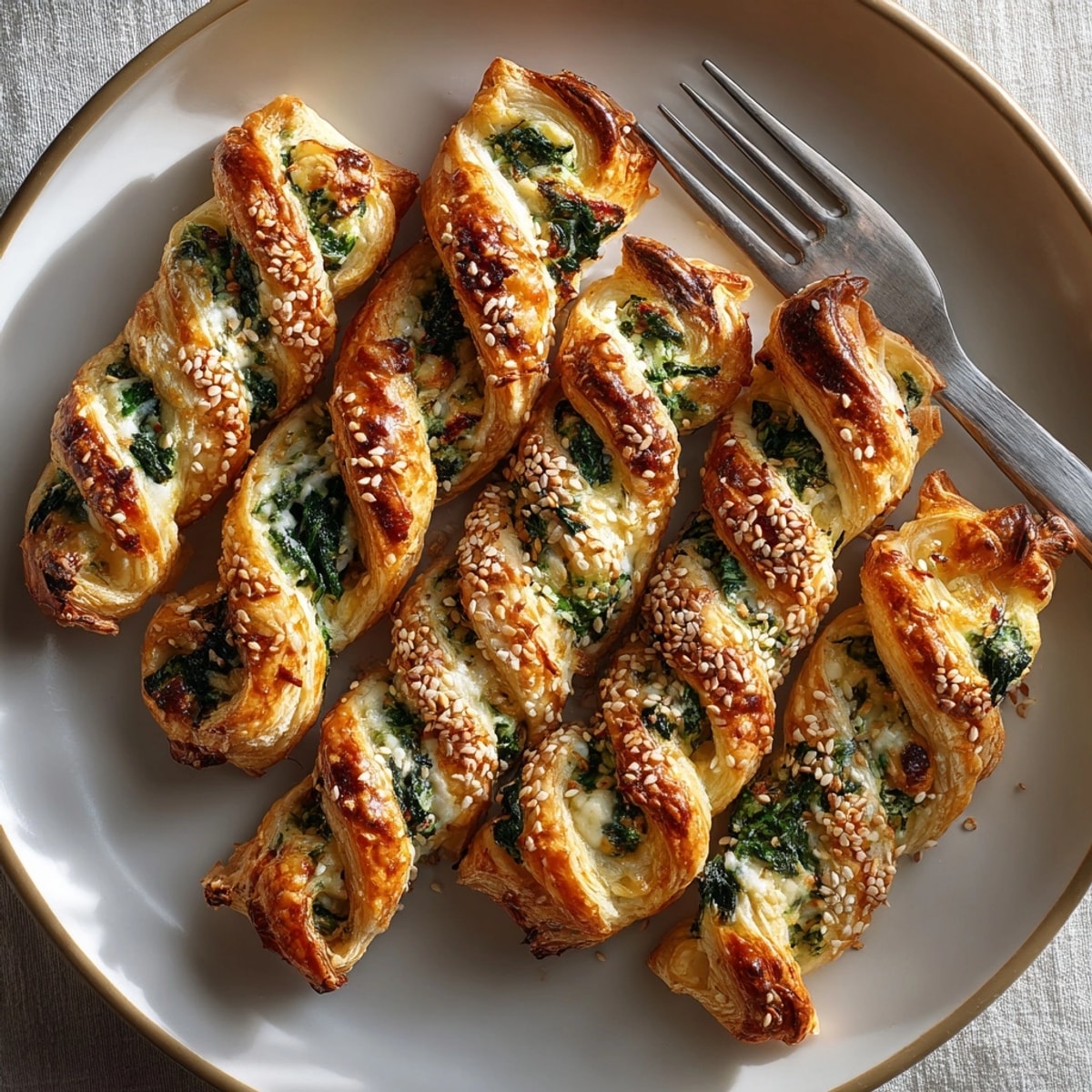Appetizer spread featuring ricotta and spinach puff pastry twists, sprinkled with sesame seeds for crunch.