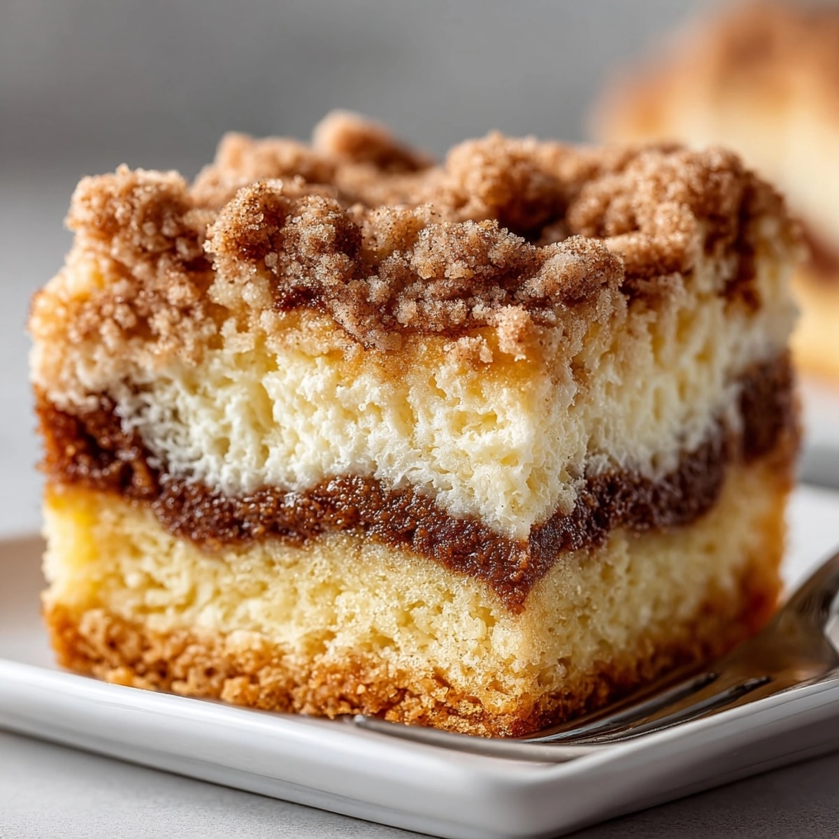 Cinnamon Streusel Coffee Cake Bars sliced on a plate, showing buttery crumbs and cinnamon swirl.
