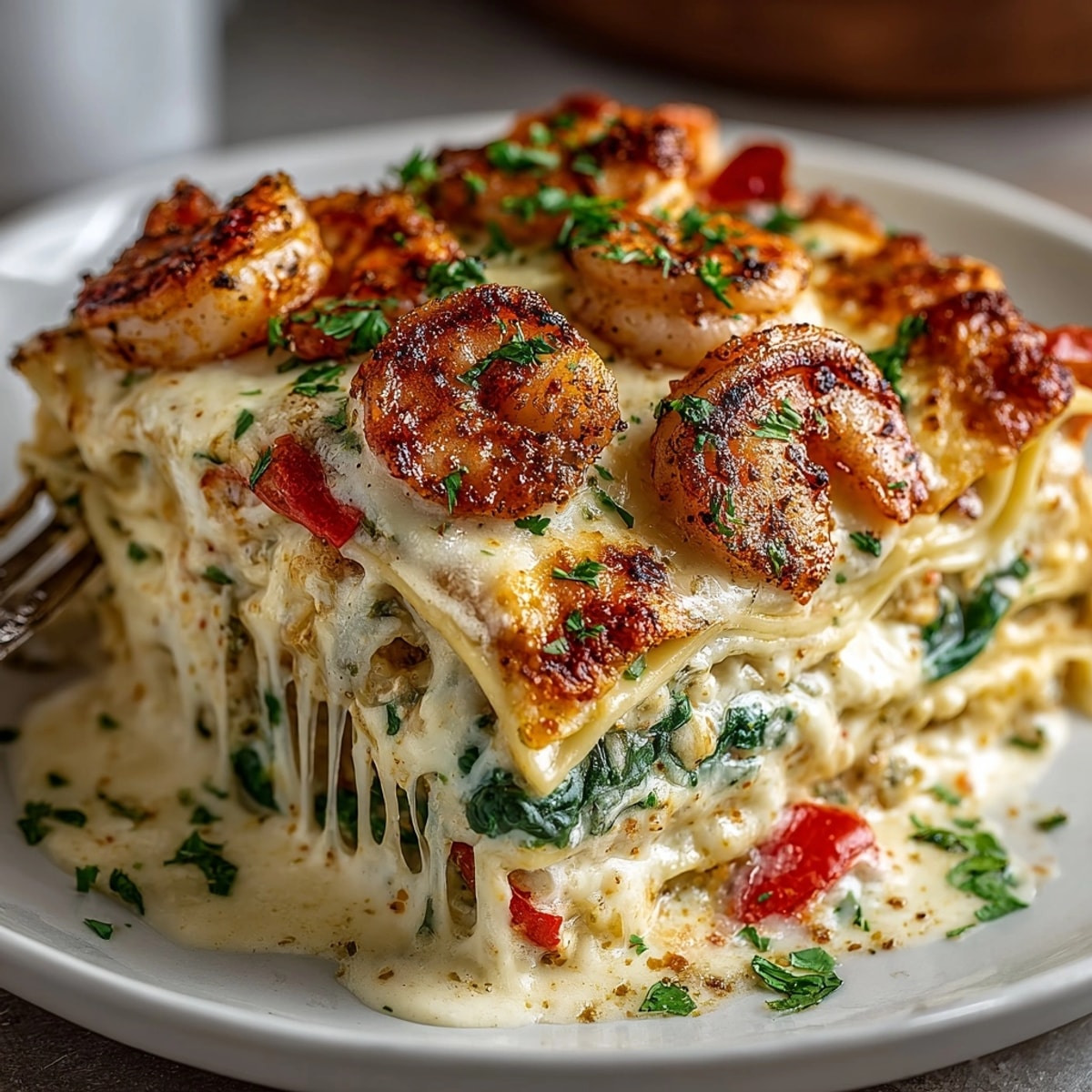 Cajun Shrimp Alfredo Lasagna with golden cheese bubbles and garnished parsley on a rustic table