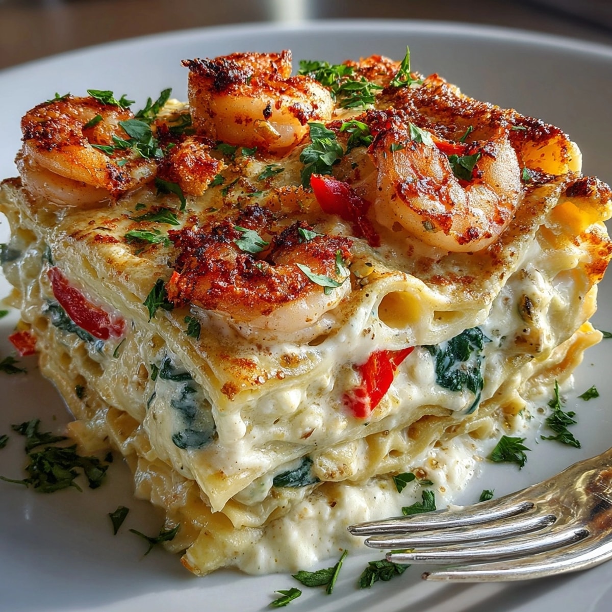 Savory Cajun Shrimp Alfredo Lasagna sliced to reveal creamy layers and spicy shrimp filling
