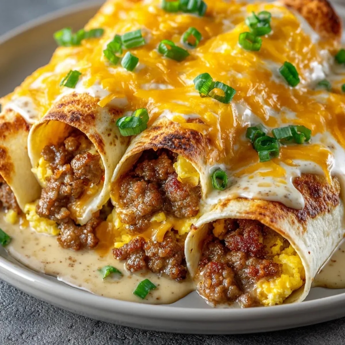 Southern breakfast enchiladas with sausage gravy served hot, topped with melted cheddar cheese and green onions.