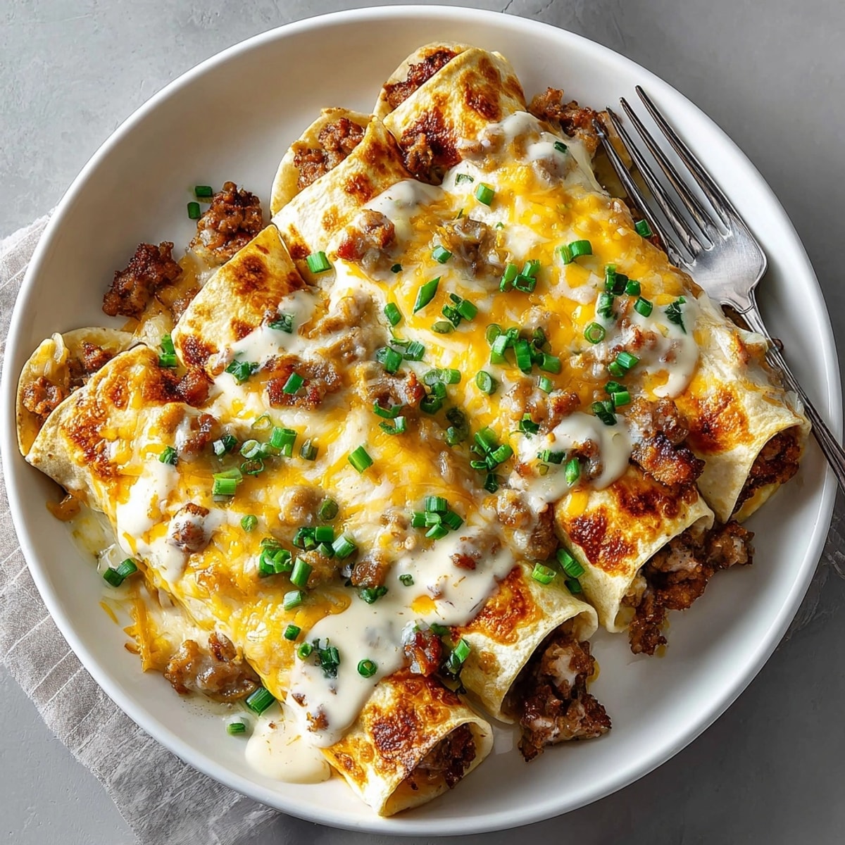 Fluffy egg-stuffed Southern breakfast enchiladas with sausage gravy, perfect for a savory morning meal.