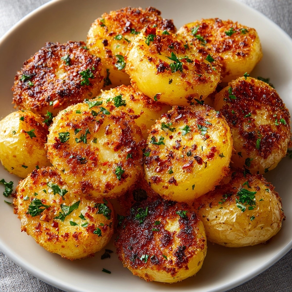Crispy Garlic Parmesan Crusted Potatoes Recipe served golden and hot, garnished with fresh parsley.