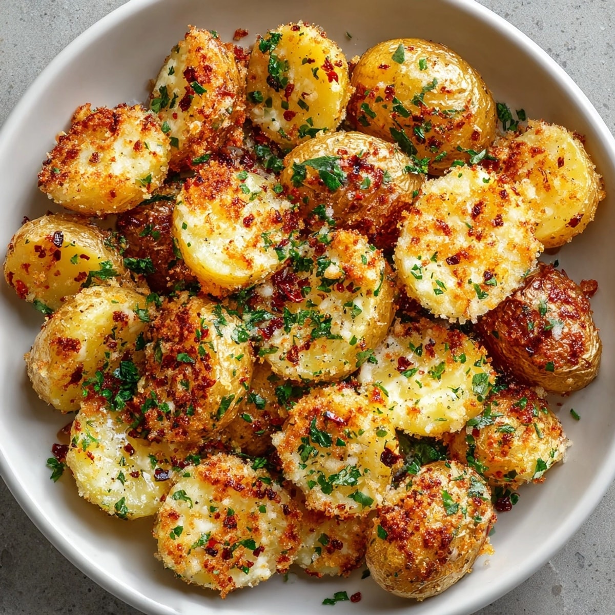 Close-up of Crispy Garlic Parmesan Crusted Potatoes Recipe ready as a savory, flavorful side dish on a baking tray.