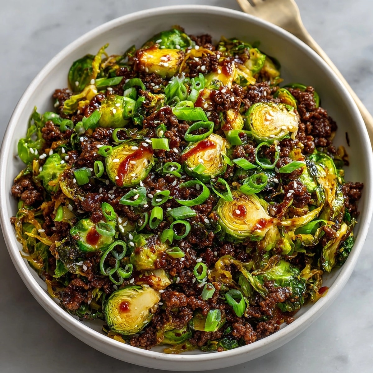 Ground beef and brussels sprouts skillet with sweet chili sauce and fresh green onions.