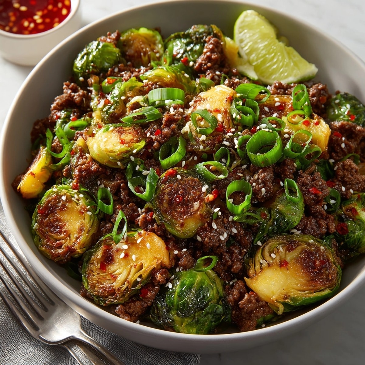 Sweet chili ground beef and brussels sprouts served over fluffy white rice for dinner.
