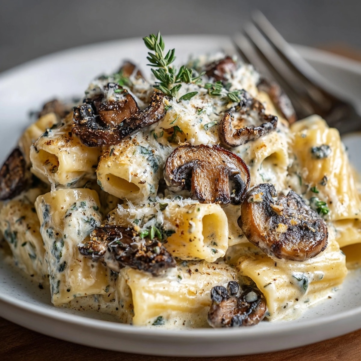 Gorgonzola truffle cream sauce with mushrooms poured over pasta, garnished with parmesan cheese.