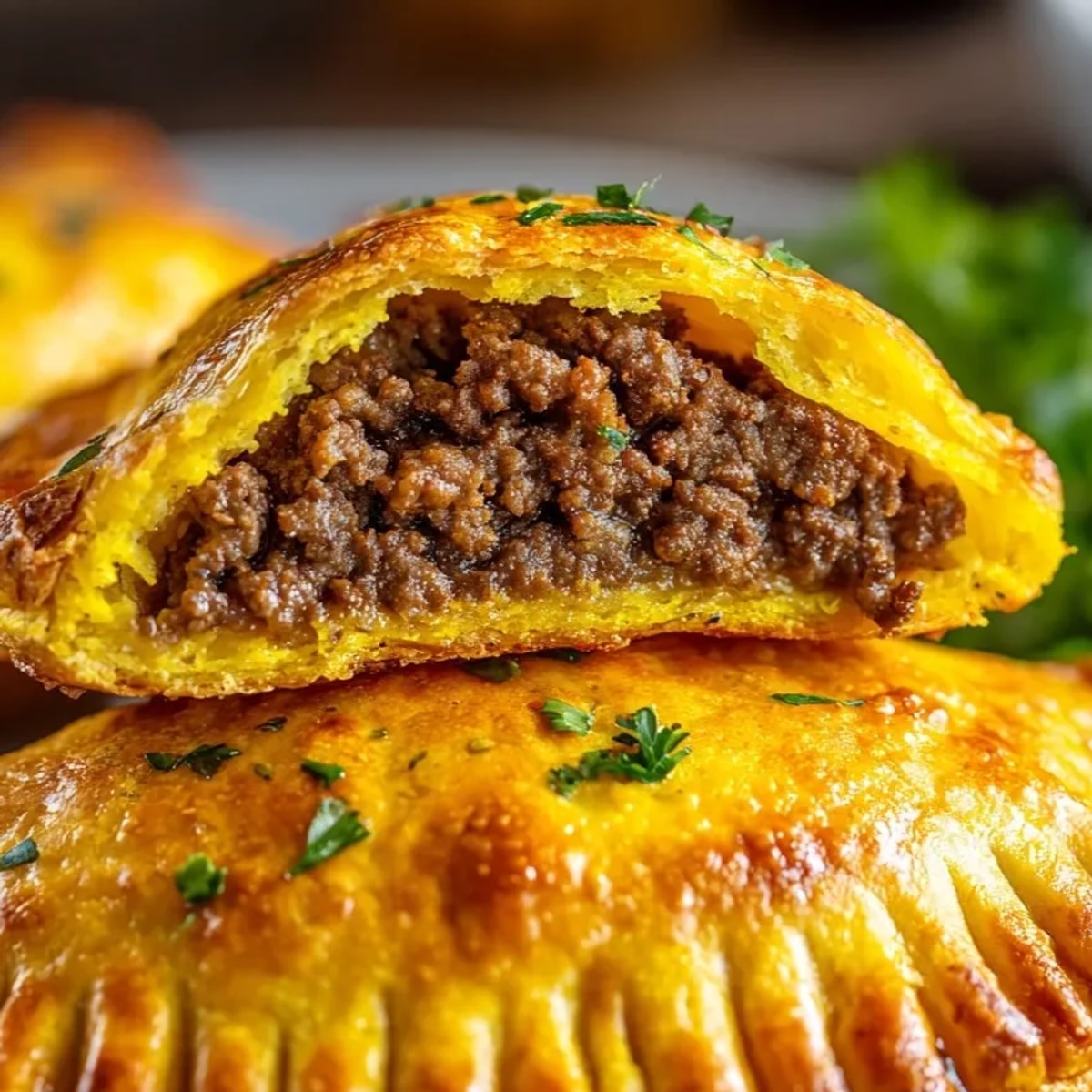 Golden, flaky Jamaican beef patty recipe cooling on a baking tray, steam rising gently.