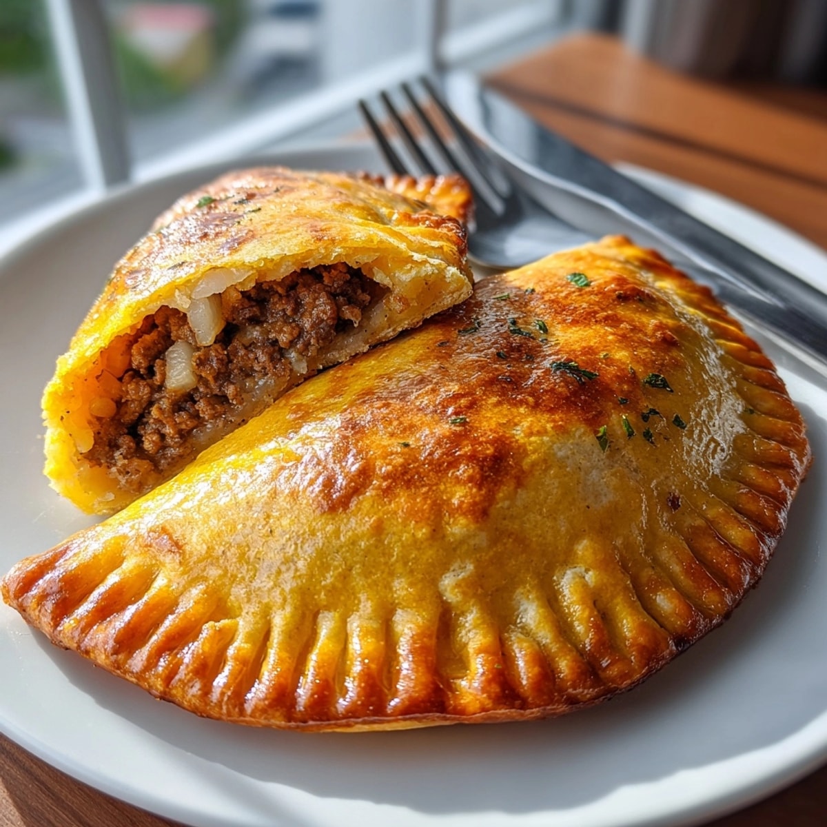Close-up view of Jamaican beef patty recipe with vibrant yellow crust and spiced beef filling.
