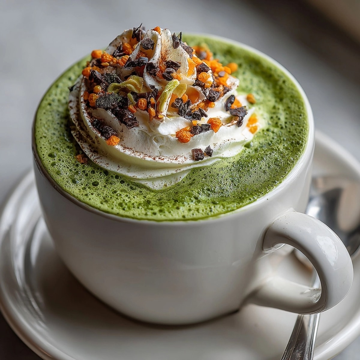 Creamy, vibrant Poison Green Matcha Latte in a clear mug, garnished with spooky sprinkles.