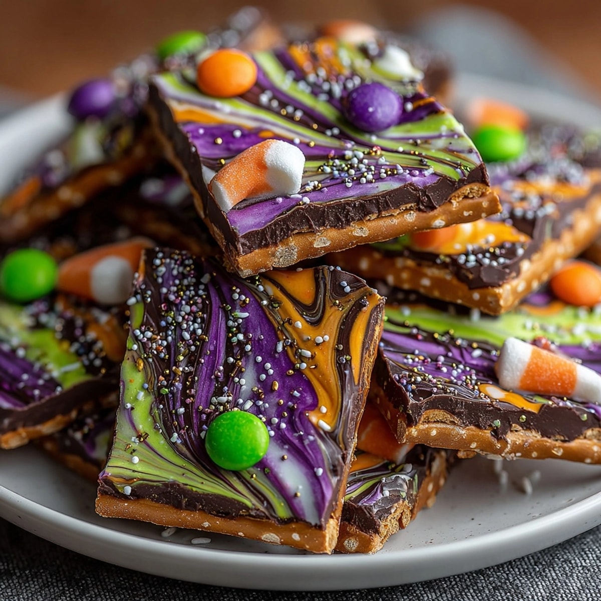Close-up of colorful Melted Witch Chocolate Bark with pretzels and gummy candies accenting.