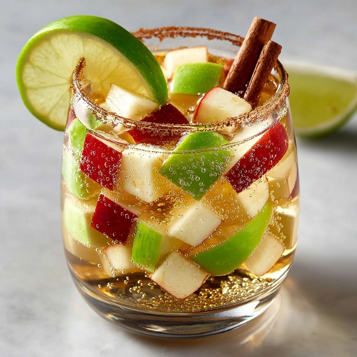 Refreshing Caramel Apple Sangria: chilled white wine swirling with crisp diced autumnal fruits.