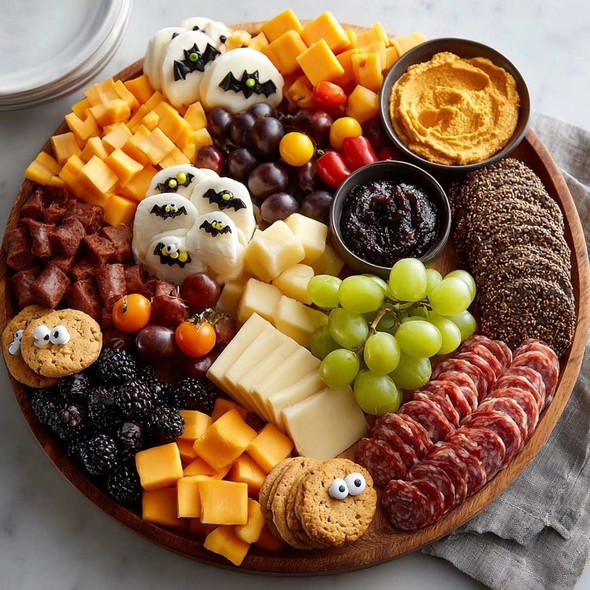Halloween Charcuterie Snack Board: A spooky, savory delight with cheeses, meats, and treats.