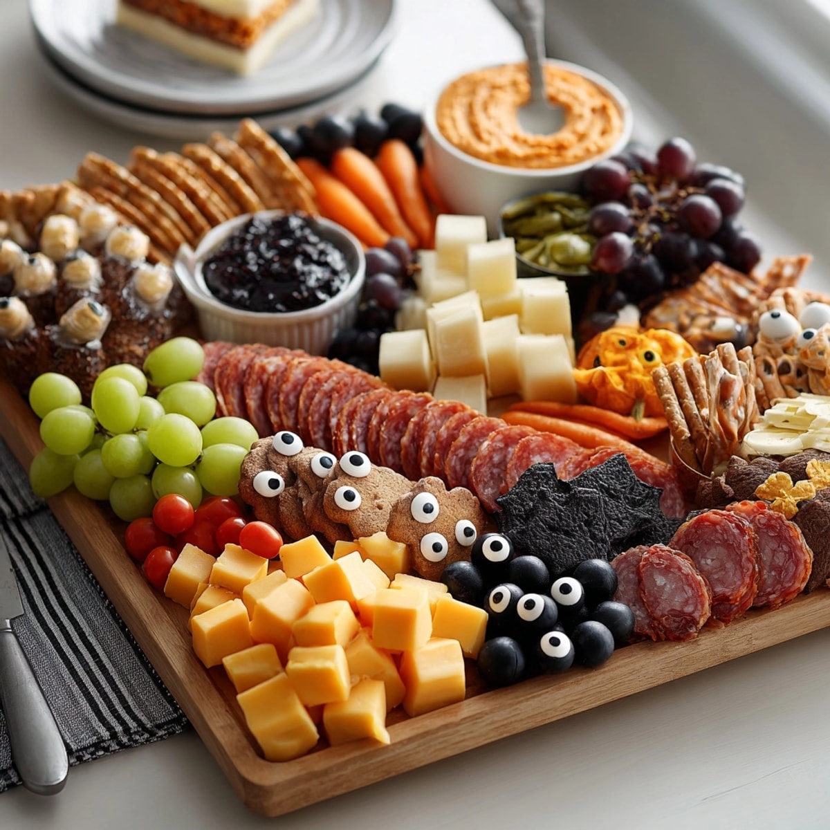 Imagine this Halloween Charcuterie Snack Board: Cheeses, meats, and treats, ready to enjoy!