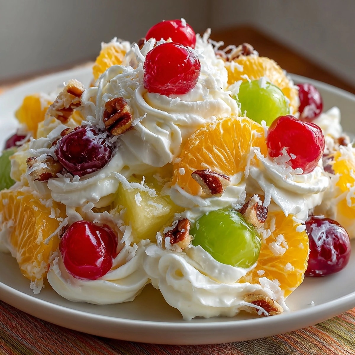 Creamy Ambrosia Fruit Salad with juicy pineapple, coconut, marshmallows, chilled and ready to serve.