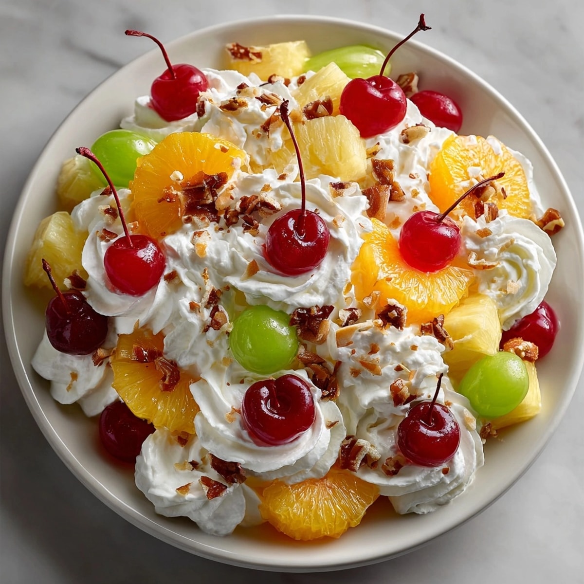 Homemade Ambrosia Fruit Salad, a classic potluck dessert with tender fruit and whipped cream.
