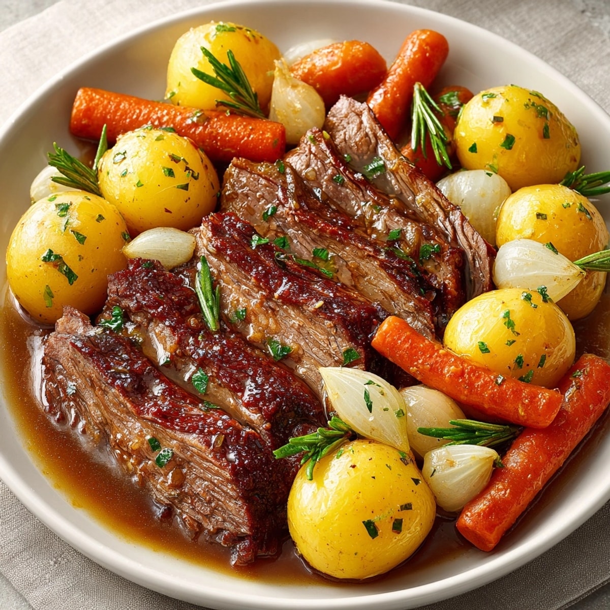 Tender Instant Pot Beef Pot Roast with carrots and potatoes, simmering in rich gravy.