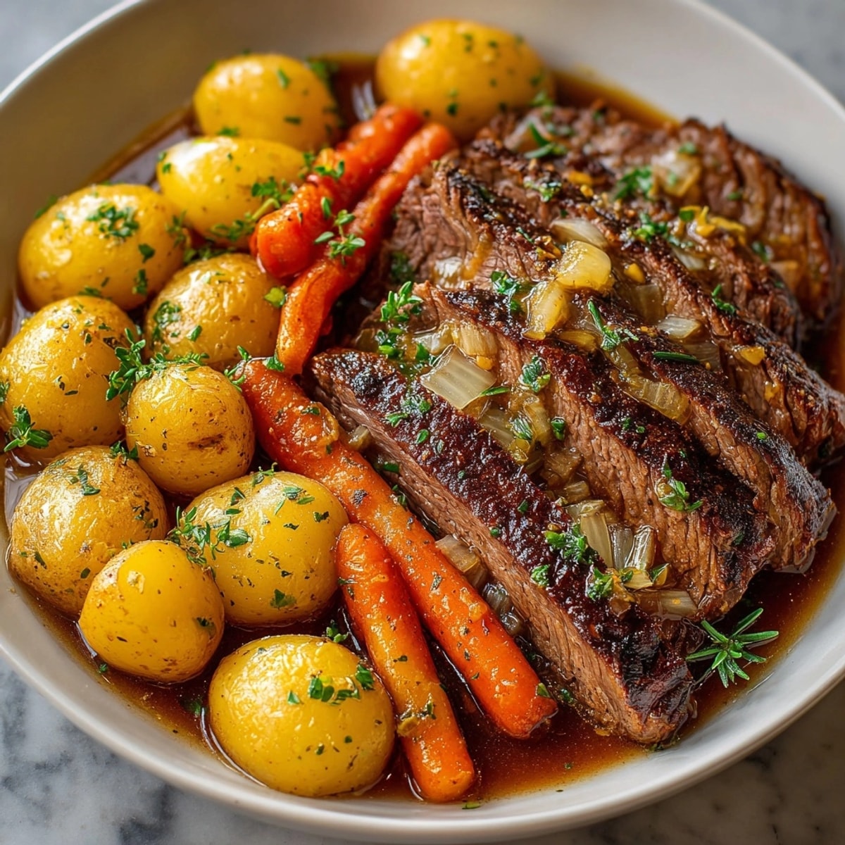 Fall-apart tender beef in this savory Instant Pot Beef Pot Roast recipe, ready to serve.