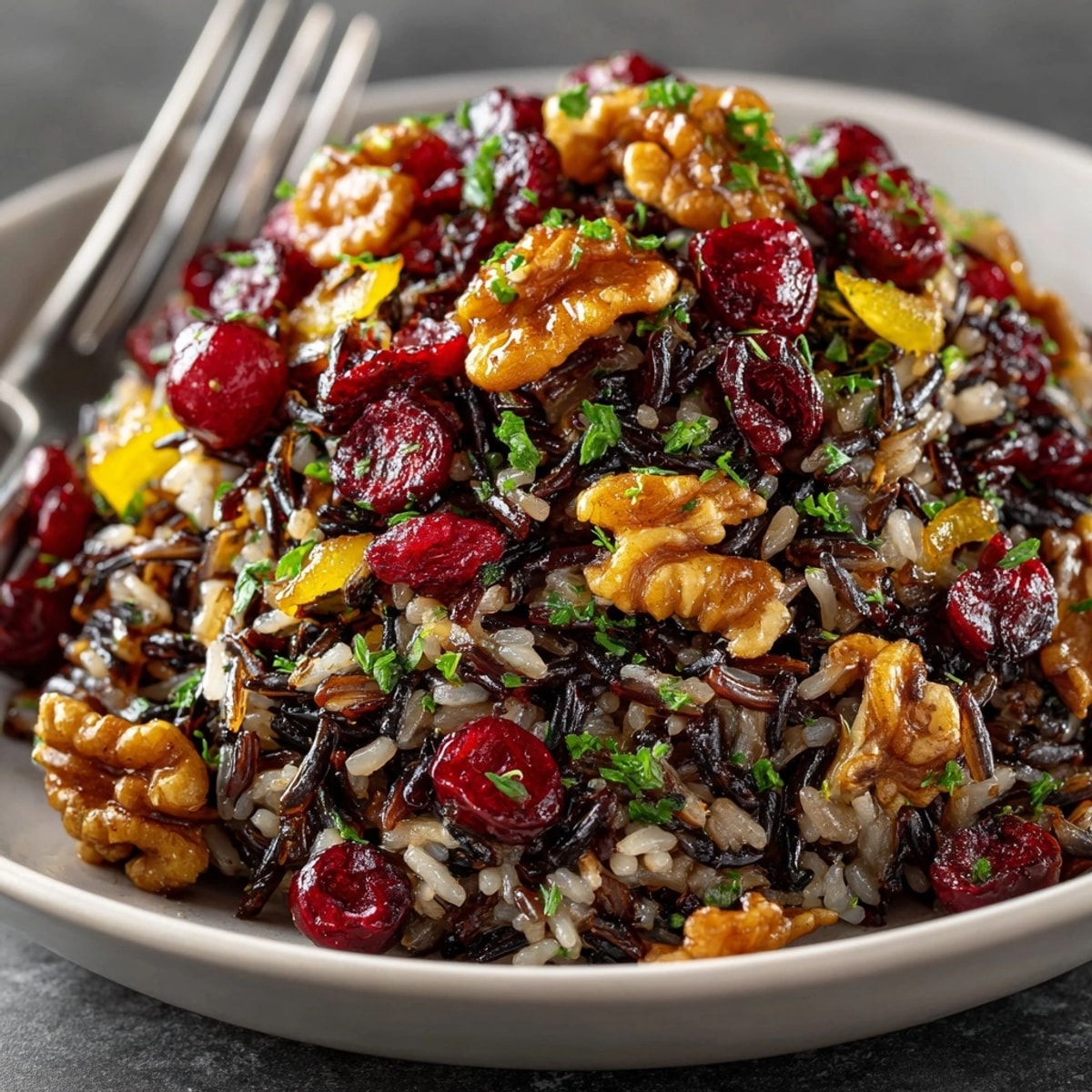Golden Cranberry Walnut Wild Rice Pilaf steaming, with visible cranberries and chopped walnuts.