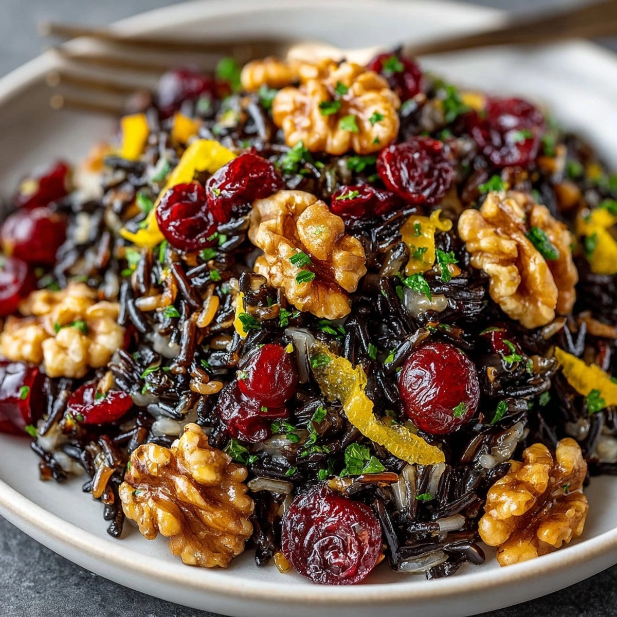 Festive Cranberry Walnut Wild Rice Pilaf speckled with herbs, ready for holiday dinner.
